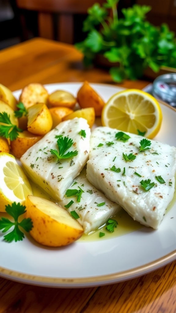 Plated garlic herb cod with roasted potatoes and lemon wedges, garnished with parsley.